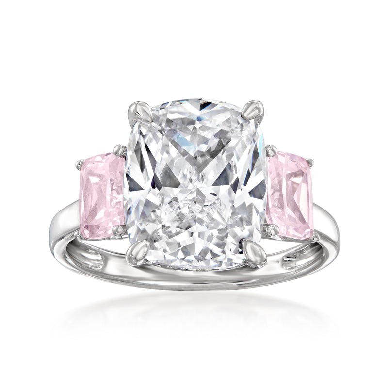 Sterling silver CZ ring with clear center stone and pink rectangular side stones