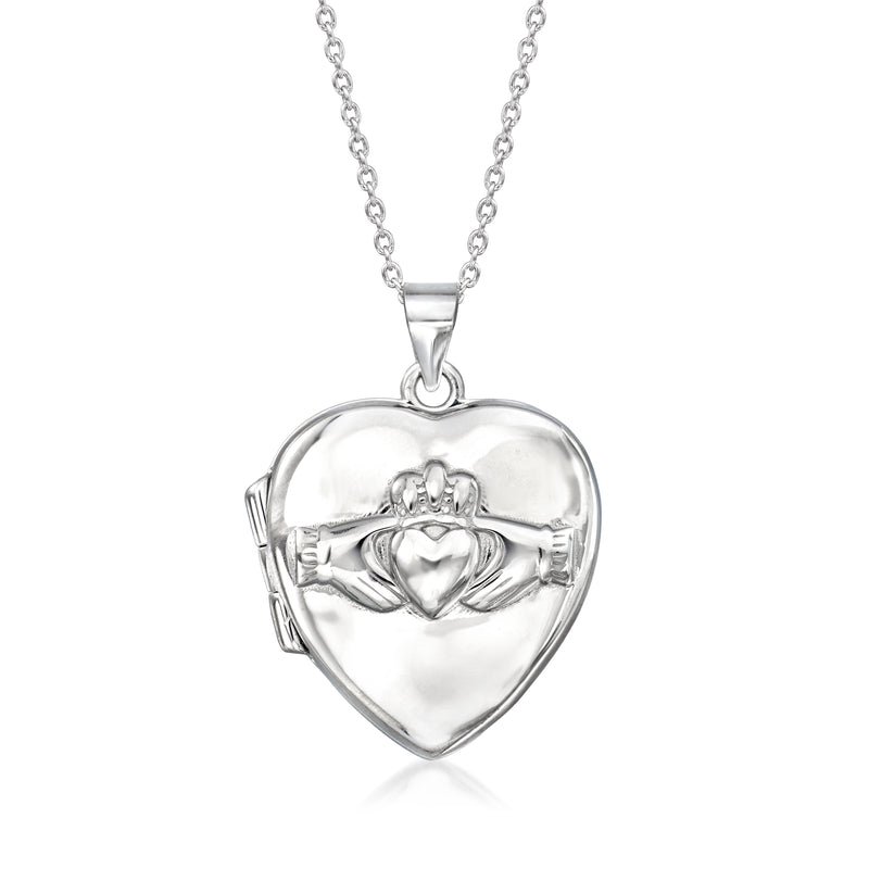 Sterling silver heart locket necklace with clasped hands and crown detail