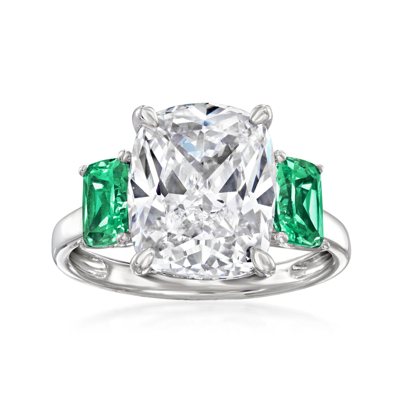Sterling silver ring with large square-cut CZ center and green simulated emerald side stones