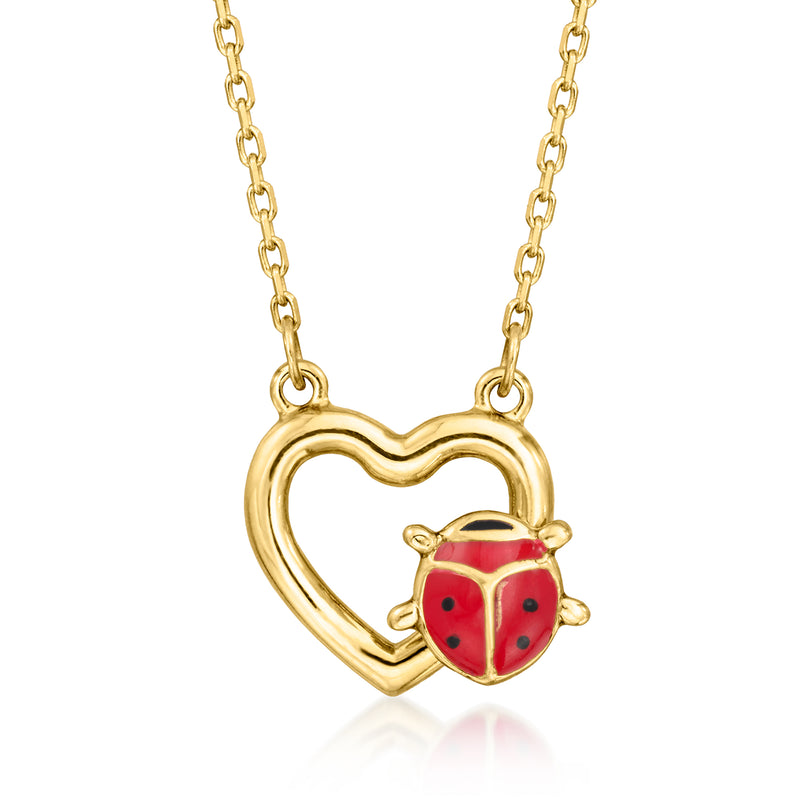 Heart-shaped 14kt yellow gold necklace with red-and-black enamel ladybug pendant.