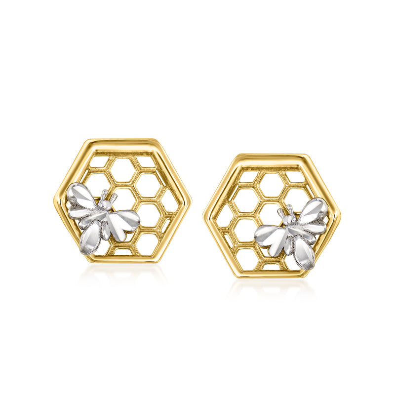 Two-tone gold honeybee stud earrings with honeycomb hexagon bezel