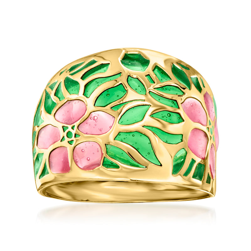 14kt yellow gold floral enamel ring with green leaves and pink blossoms