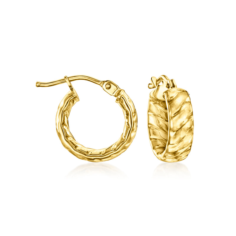 Yellow gold twisted hoop earrings with hinged closure, polished finish