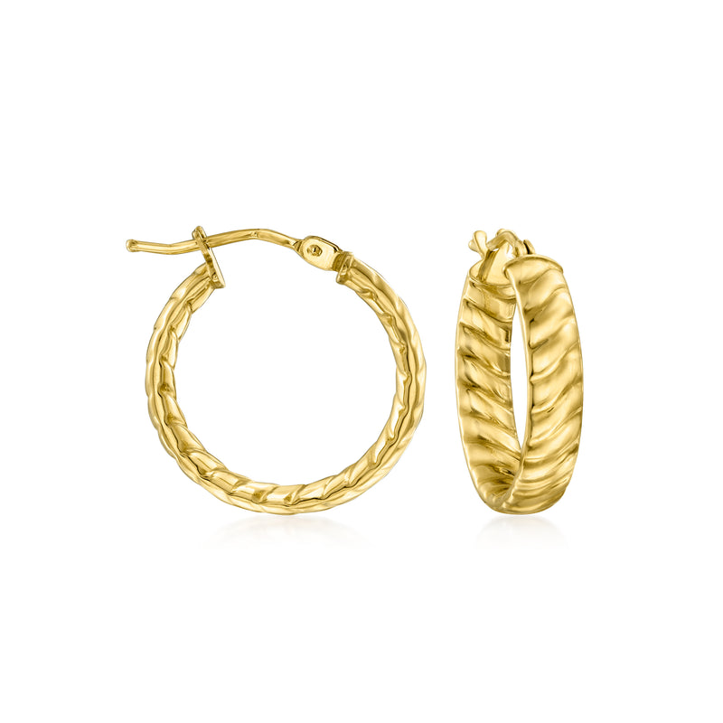 10kt yellow gold twisted hoop earrings, oval hoops with ridged spiral texture