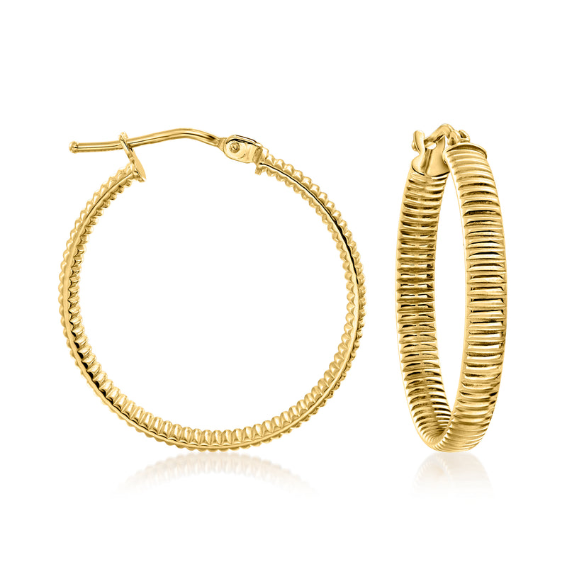 10kt yellow gold ribbed hoop earrings with hinged clasp, round profile.