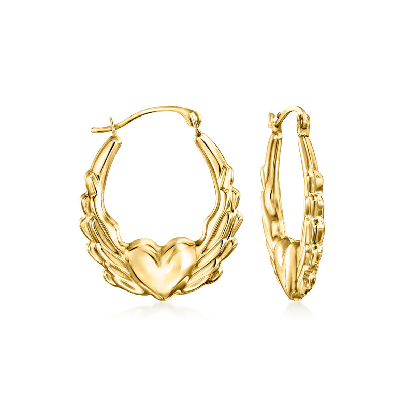 10kt yellow gold heart wings hoop earrings with textured wing charms