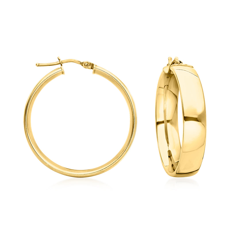 Yellow gold hoop earrings with hinged clasp, round hoop profile