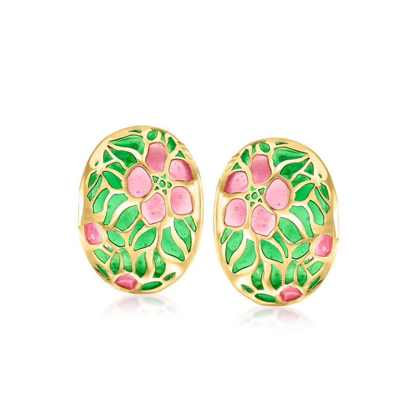 Round floral enamel stud earrings, pink and green flowers on 14kt yellow gold