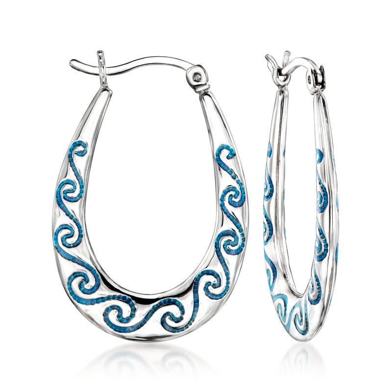 Sterling silver hoop earrings with blue enamel wave scroll pattern
