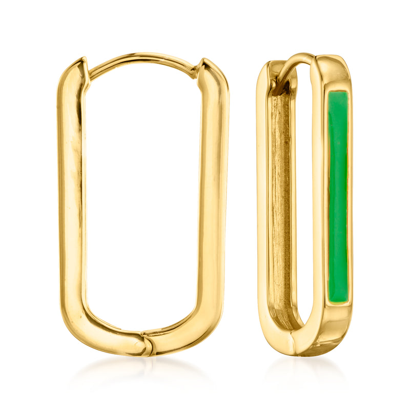 Gold link hoop earrings with green enamel insert; hinged rectangular oval hoops