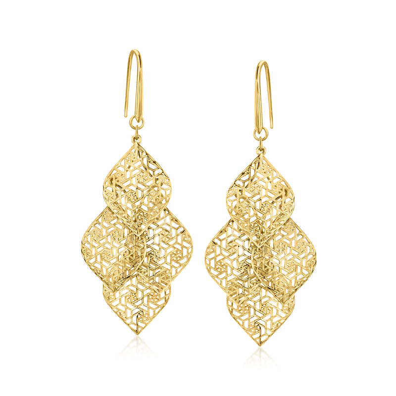 Gold over sterling wavy drop earrings, geometric lattice pattern, gold-tone earwire