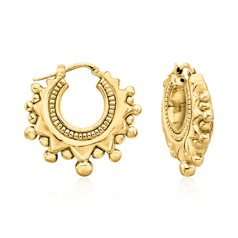18kt gold over sterling hoop earrings, ornate Etruscan-style textured design