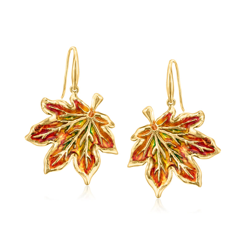Gold tone enamel maple leaf drop earrings with multicolor red green leaf design
