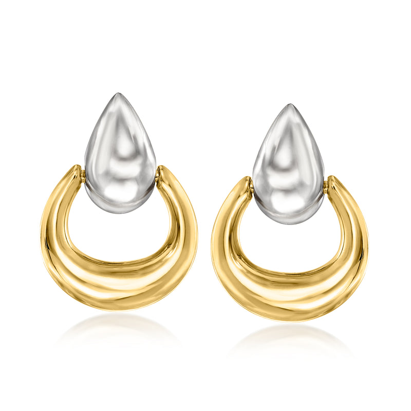 Two-tone sterling silver and gold doorknocker earrings with teardrop drops and curved hoops