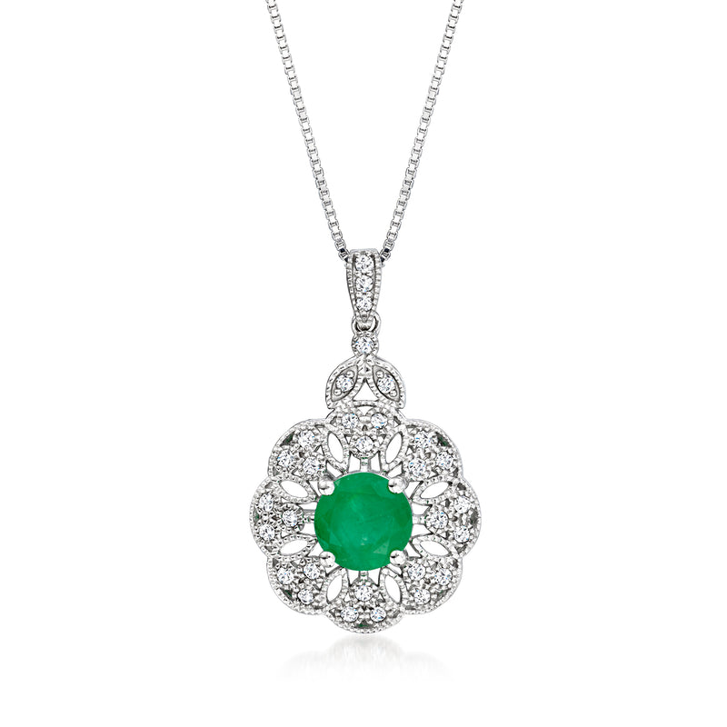 Sterling silver pendant necklace with green emerald center and diamond milgrain halo