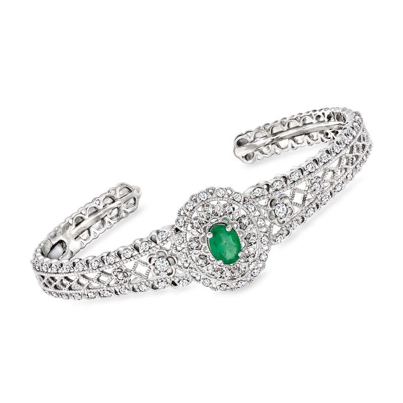 Sterling silver cuff bracelet with emerald center and pavé diamonds