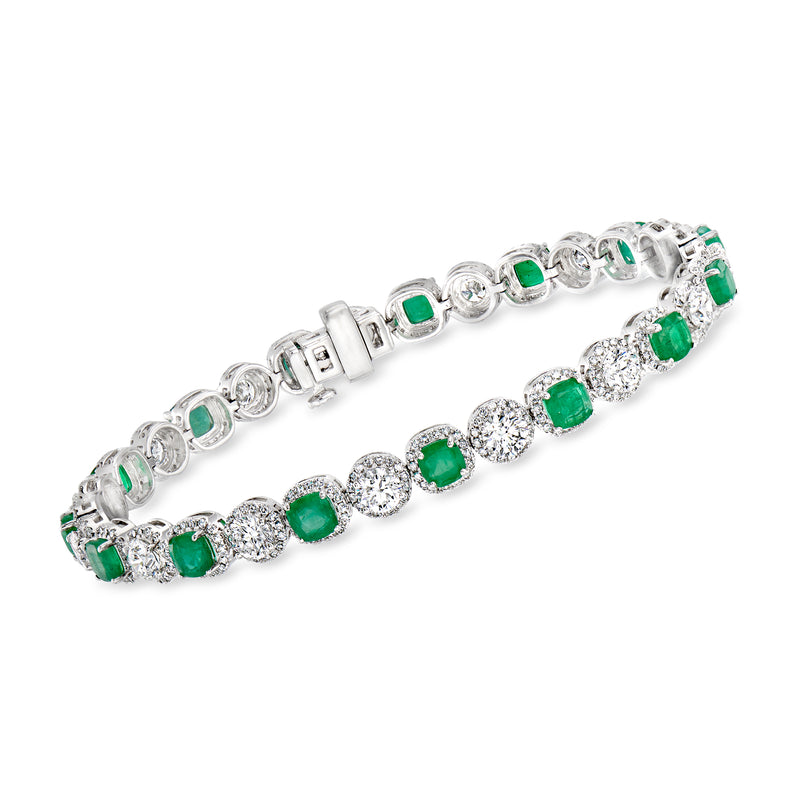 14kt white gold halo bracelet with green emerald-cut and round lab-grown diamonds