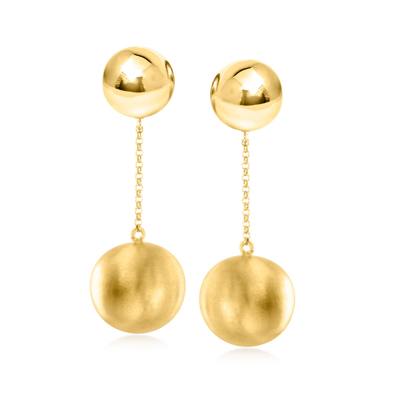 Gold-tone polished double-ball drop earrings with chain, round top and dangling ball