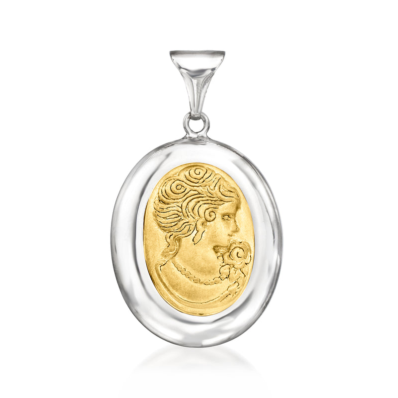 Two-tone sterling silver cameo pendant, oval gold profile with ornate frame