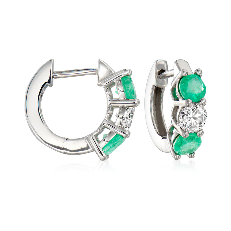 14kt white gold hoop earrings with green emerald and clear diamond accents