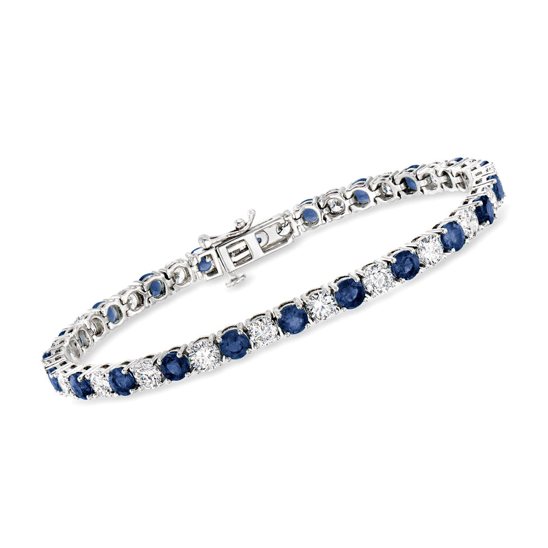 14k white gold tennis bracelet with blue sapphire and white stones, hinged row design