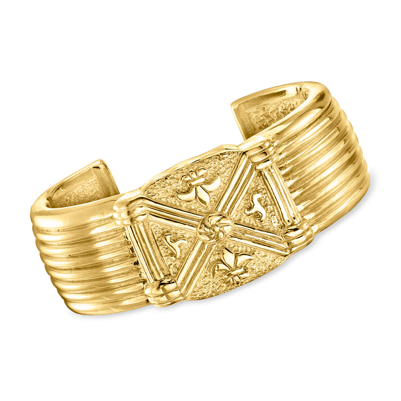 Gold over sterling cuff bracelet with Florentine fleur-de-lis medallion and ridged links