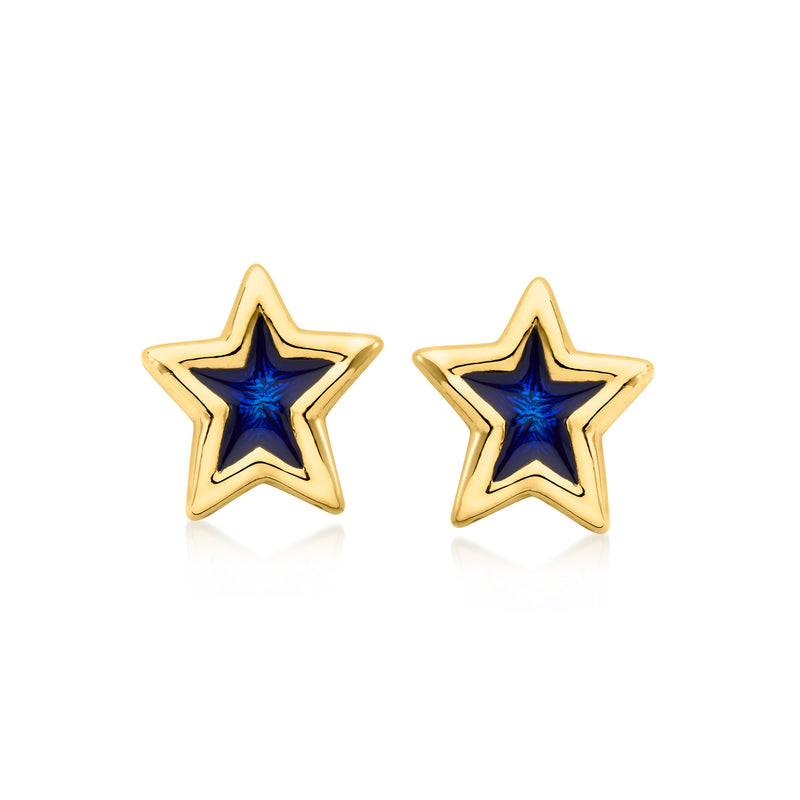 Blue enamel star post earrings in gold-tone, stud backing