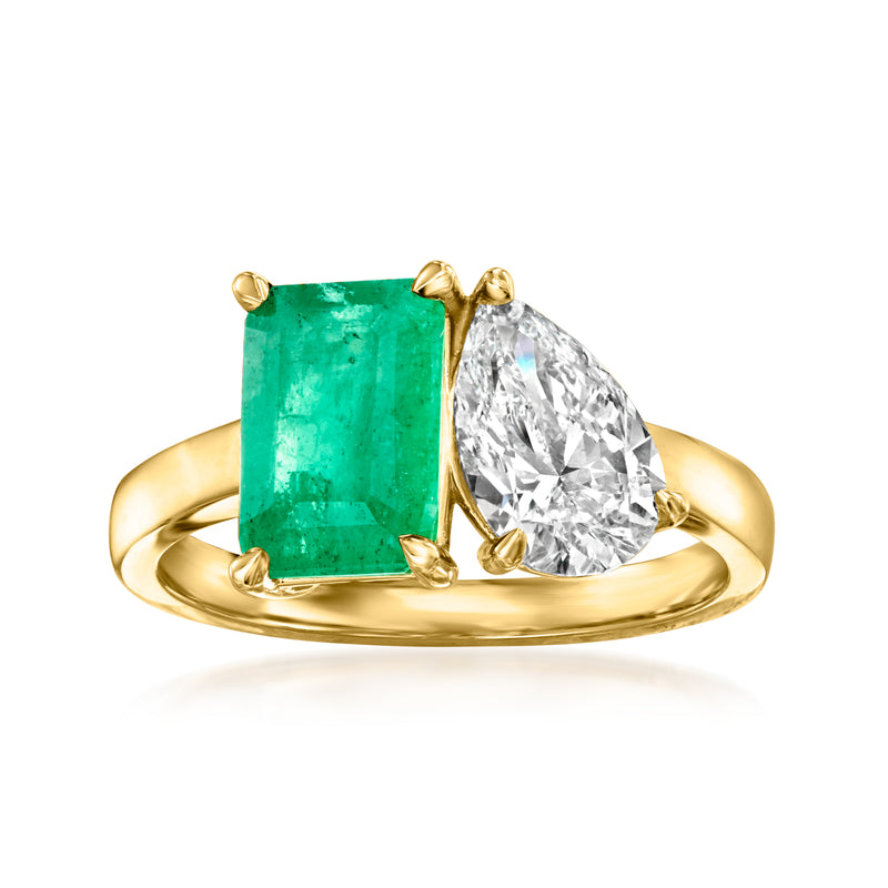 14kt yellow gold toi et moi ring with emerald-cut green gemstone and pear-cut clear diamond