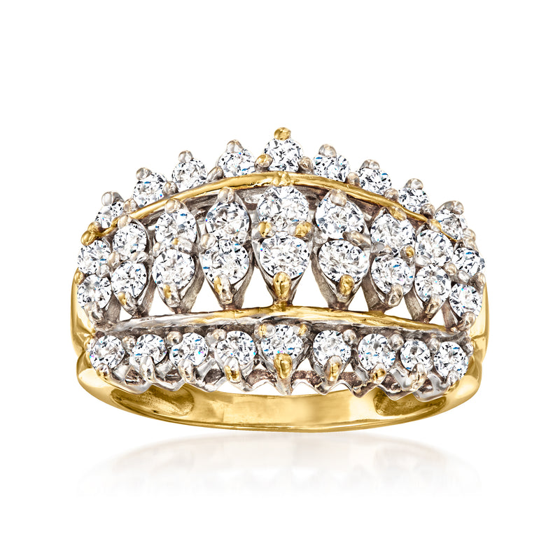 Vintage yellow gold diamond multi-row ring with oval stones in prong setting