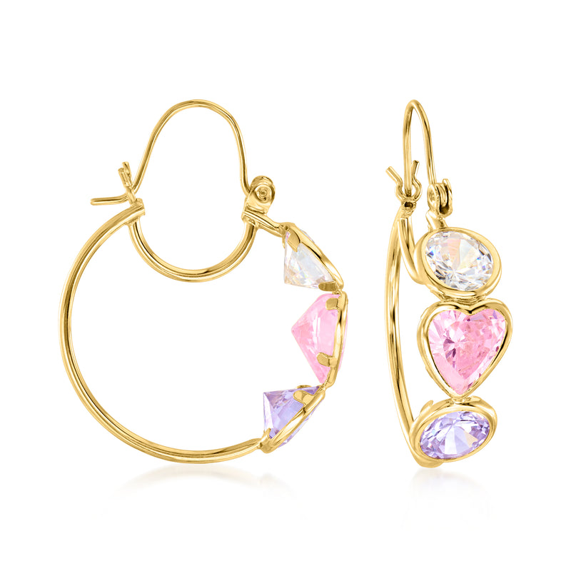 Yellow gold hoop earrings with multicolor CZ drops: clear oval, pink heart, purple stone