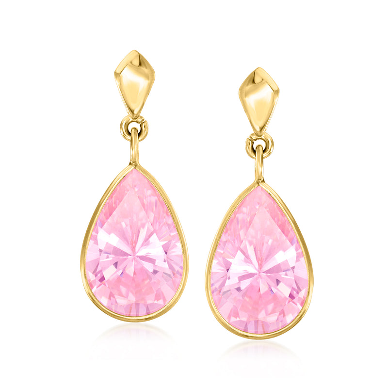 Pink CZ teardrop drop earrings in 14kt yellow gold, faceted teardrop with small hoop