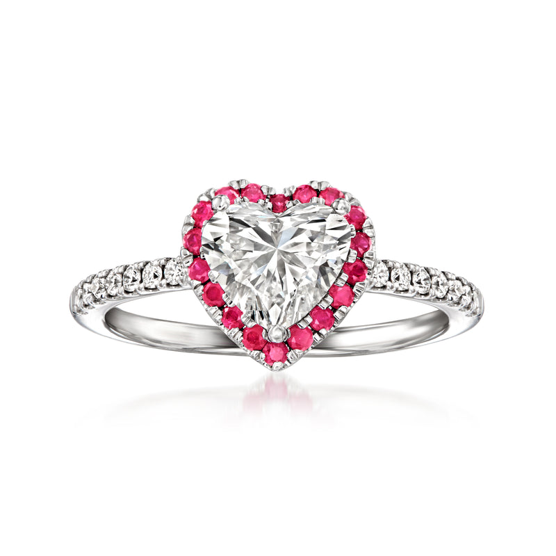14kt white gold heart ring with clear lab-grown diamond center and pink ruby accents