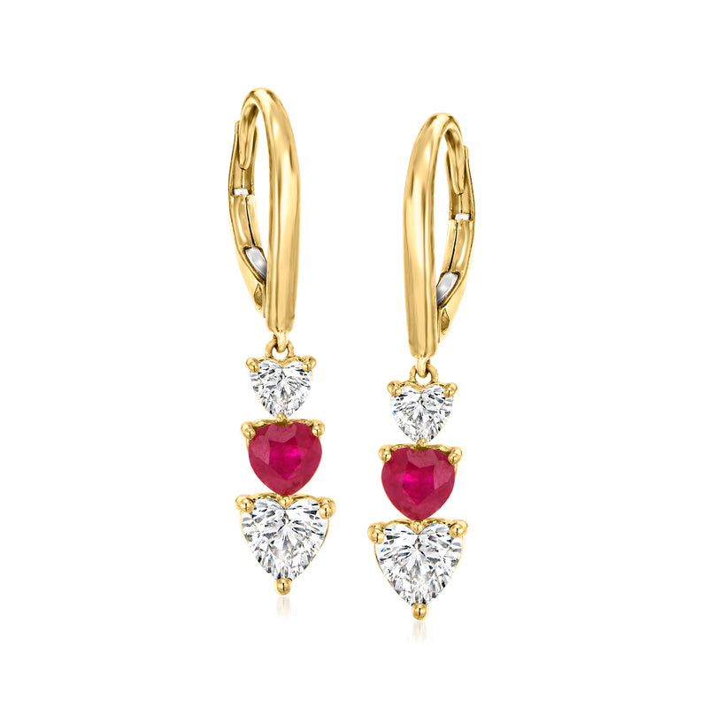 14kt yellow gold heart drop earrings with diamond top and ruby heart and leverback backs