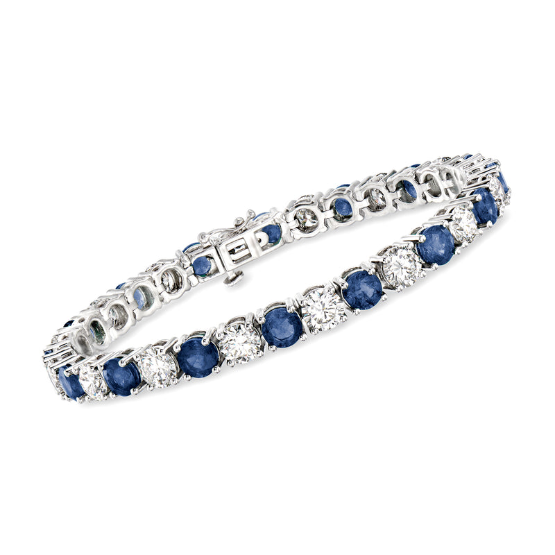 14kt white gold tennis bracelet with blue sapphire and diamond stations