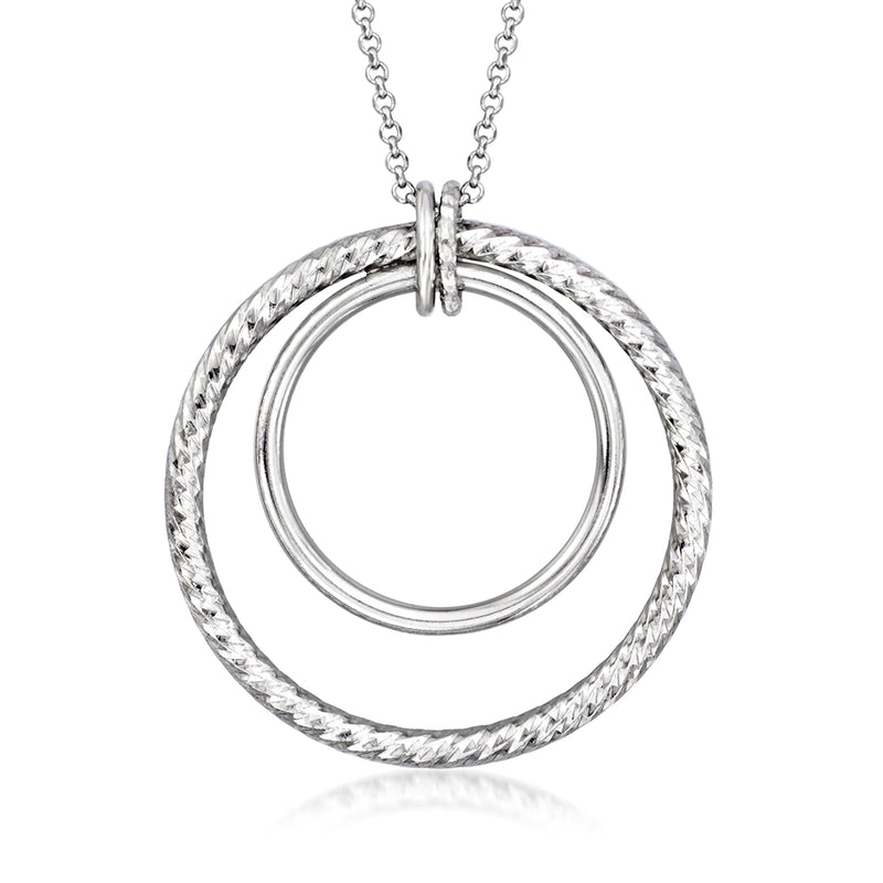 Sterling silver double-circle pendant necklace with textured outer ring and polished inner loop