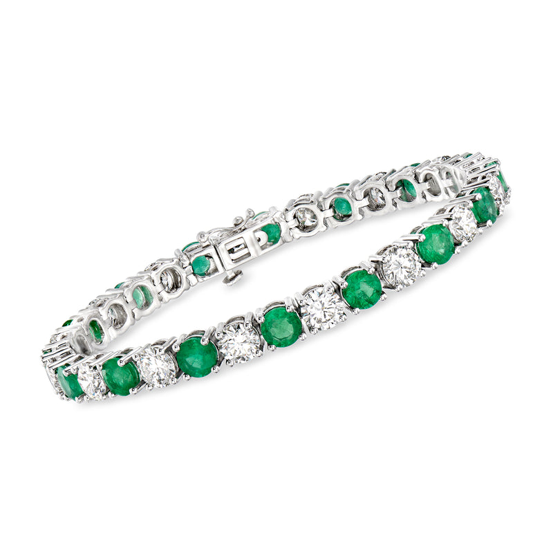 14kt white gold tennis bracelet with emerald green stones and diamond accents