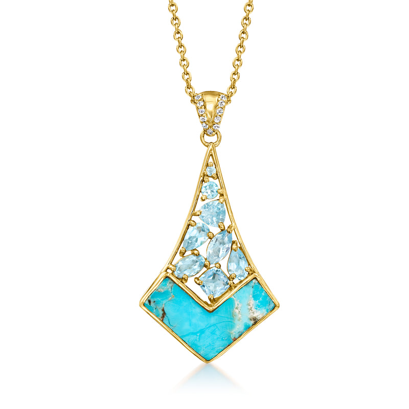 Gold-tone pendant necklace with blue and turquoise topaz in teardrop frame