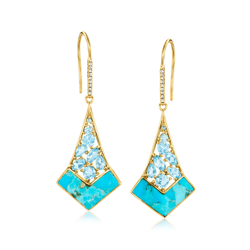 18kt gold drop earrings with Swiss blue topaz and turquoise gemstone accents