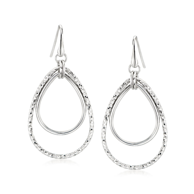 Italian sterling silver double teardrop drop earrings with textured oval hoops and hook backs