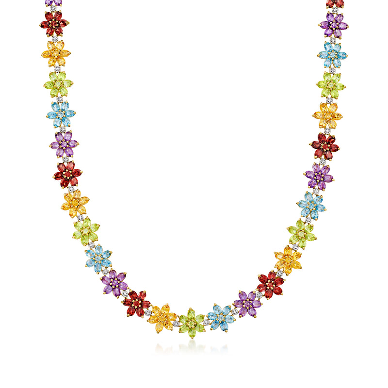 Multi-gemstone flower necklace with gold-toned links and colorful gemstone blooms