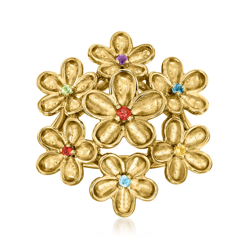 18kt gold over sterling flower cluster ring with purple, red, green, blue stones