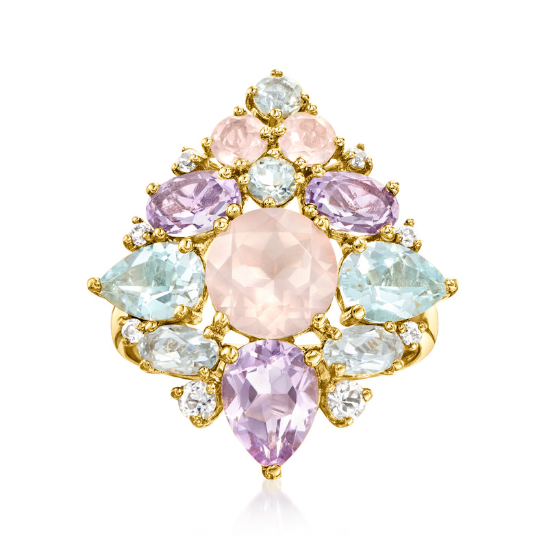 18kt gold over sterling multi-gemstone ring with oval pink center and teardrop accents