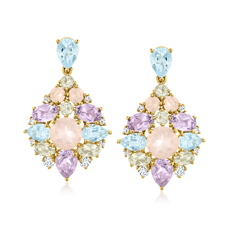 Gold drop earrings with multicolor gemstones: light blue, purple, pink, and yellow clusters