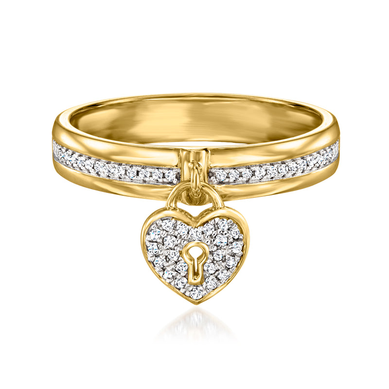 18kt gold over sterling diamond heart lock ring with pavé band