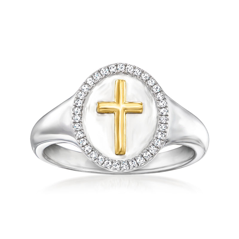 Sterling silver diamond cross ring with 18kt gold cross center and halo accents