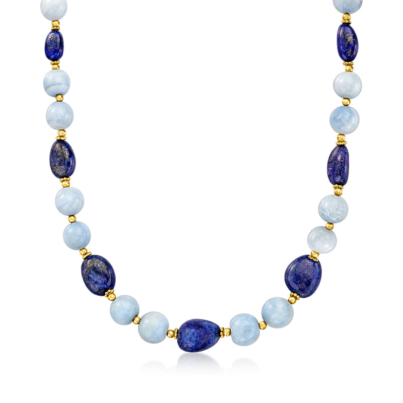 Blue opal and lapis bead necklace with 18kt gold over sterling spacers