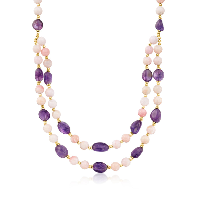 Gold-tone beaded necklace with pink and purple oval stones, single strand