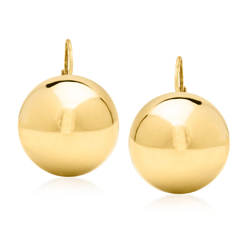 Gold ball drop earrings with leverback closure, polished round spheres
