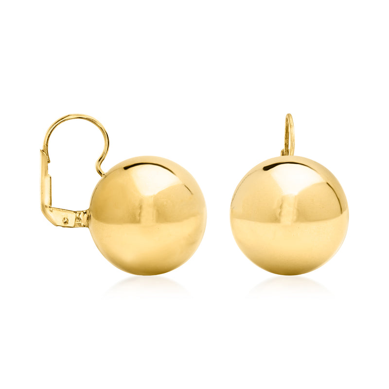 Gold ball drop earrings with open leverback, polished round spheres