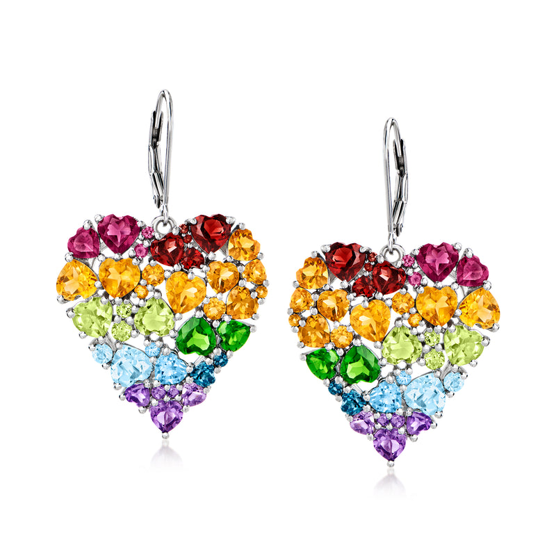 Sterling silver heart drop earrings with multi-color gemstones, leverback closure